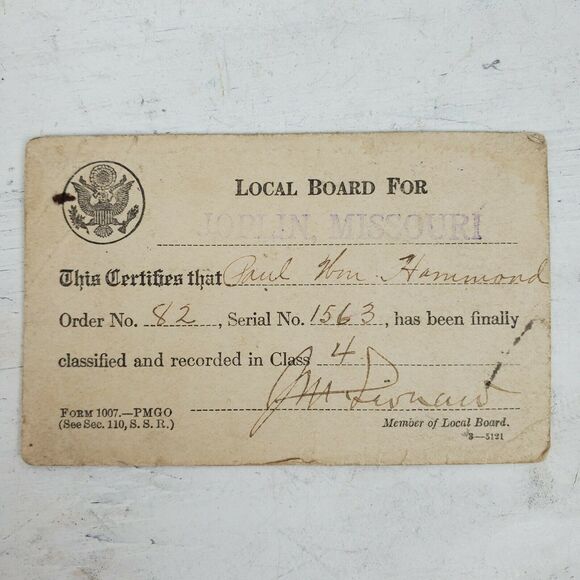 Antique 1918 Form 1007 PMGO War Department Joplin Missouri Military Card - Picture 1 of 9